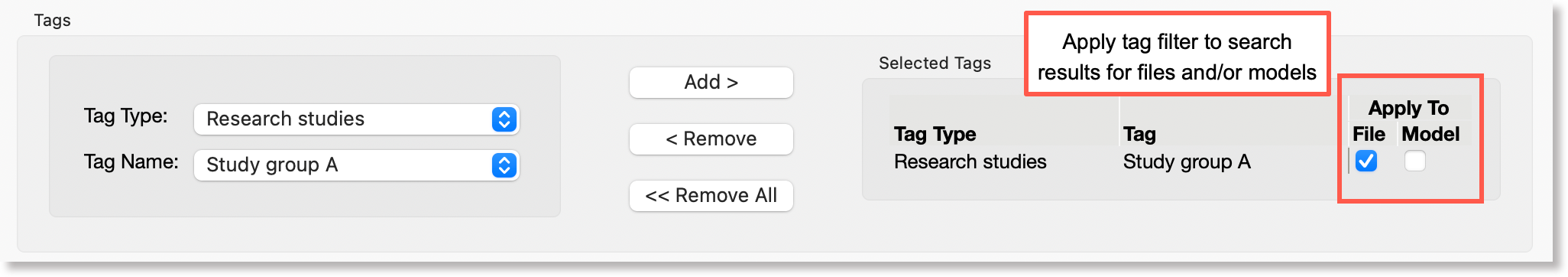 Tag filter applied to searching for files and/or models