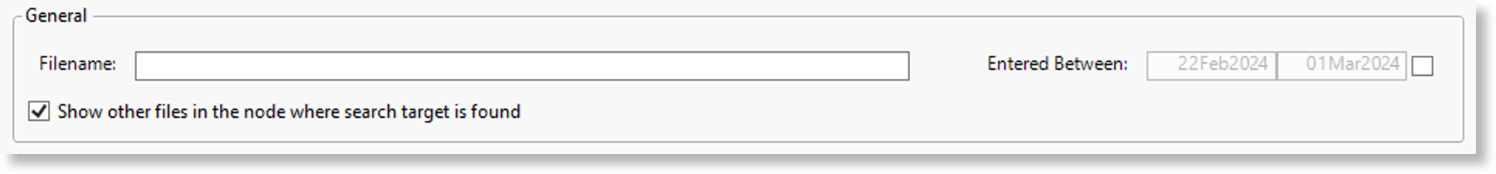 General panel box of filter options for searching data files