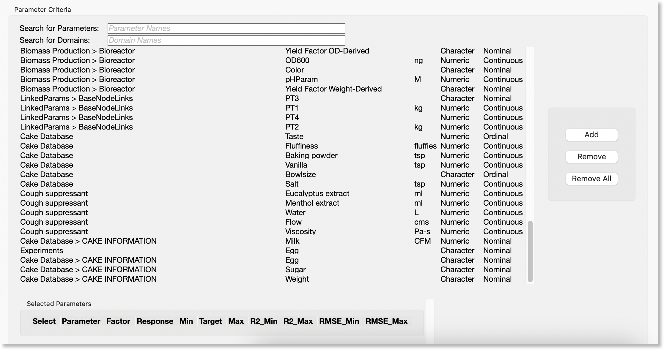 Parameter Criteria panel box