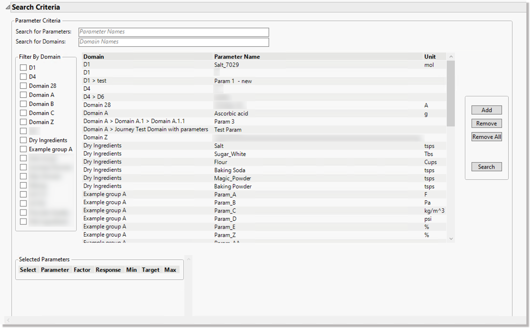 Parameter Criteria panel box