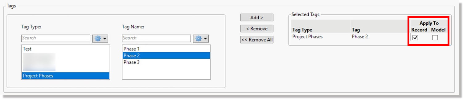 Tag filter applied to searching for files and/or models