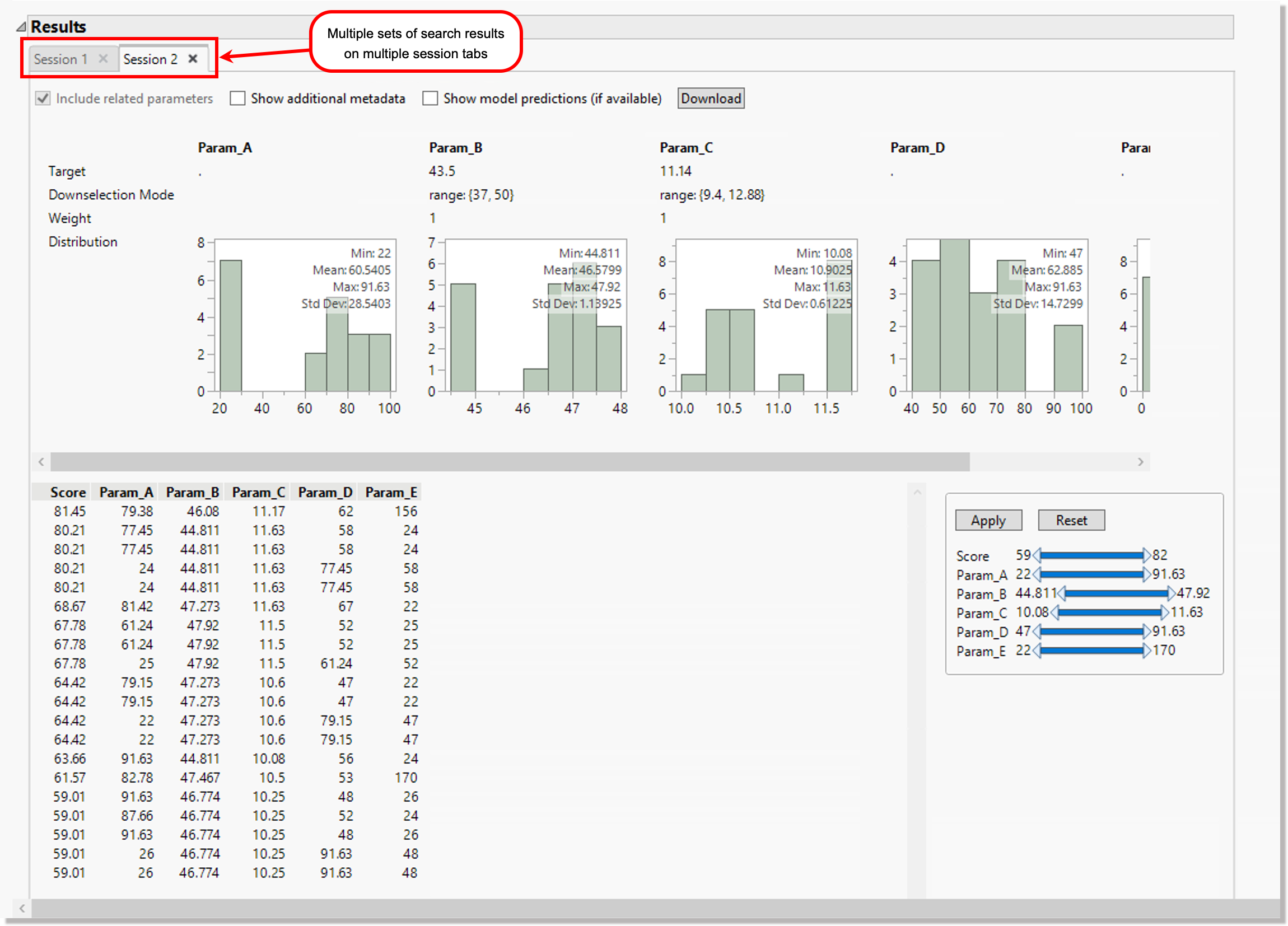 Multiple sets of search results on multiple session tabs