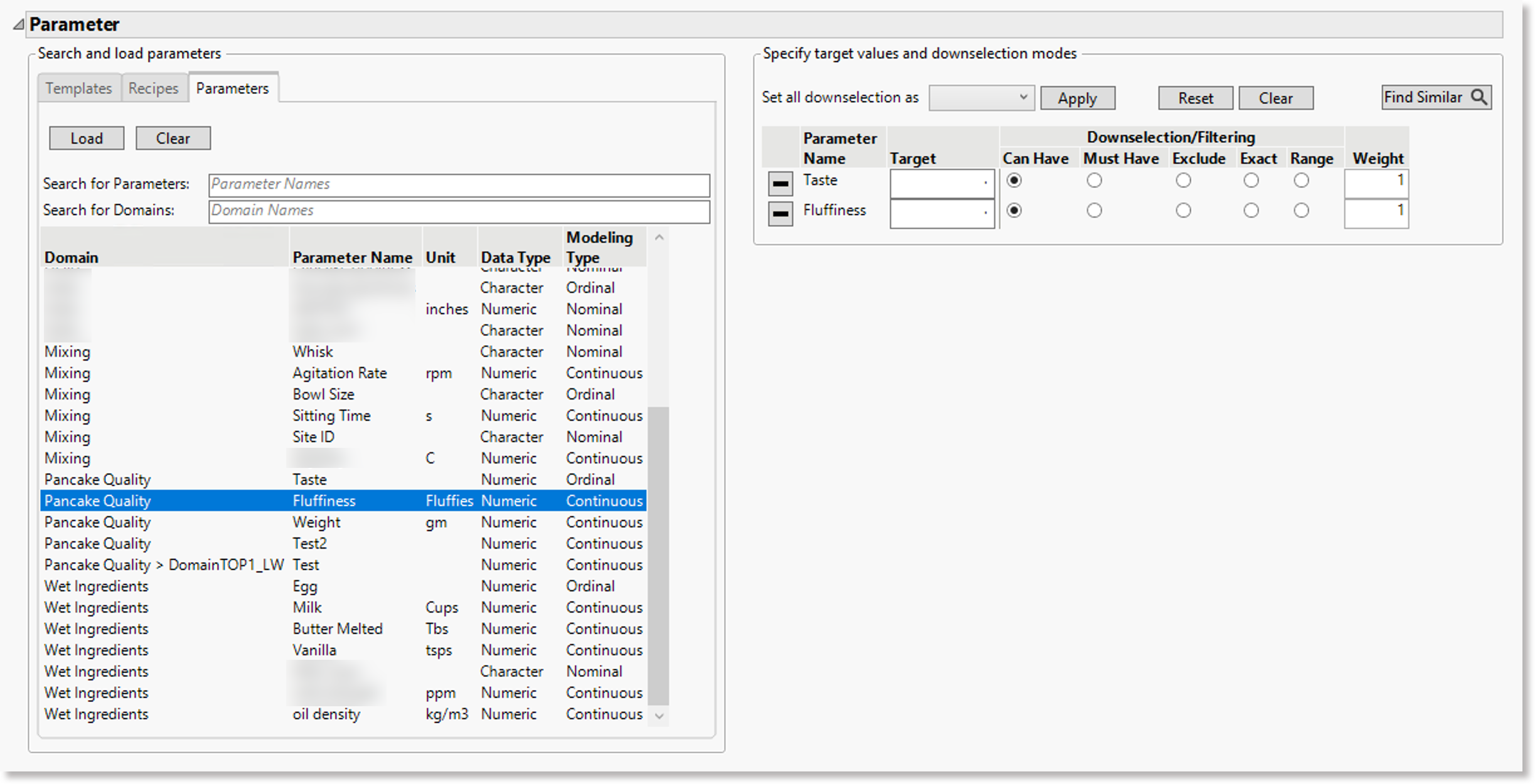 Selected parameter names as filters