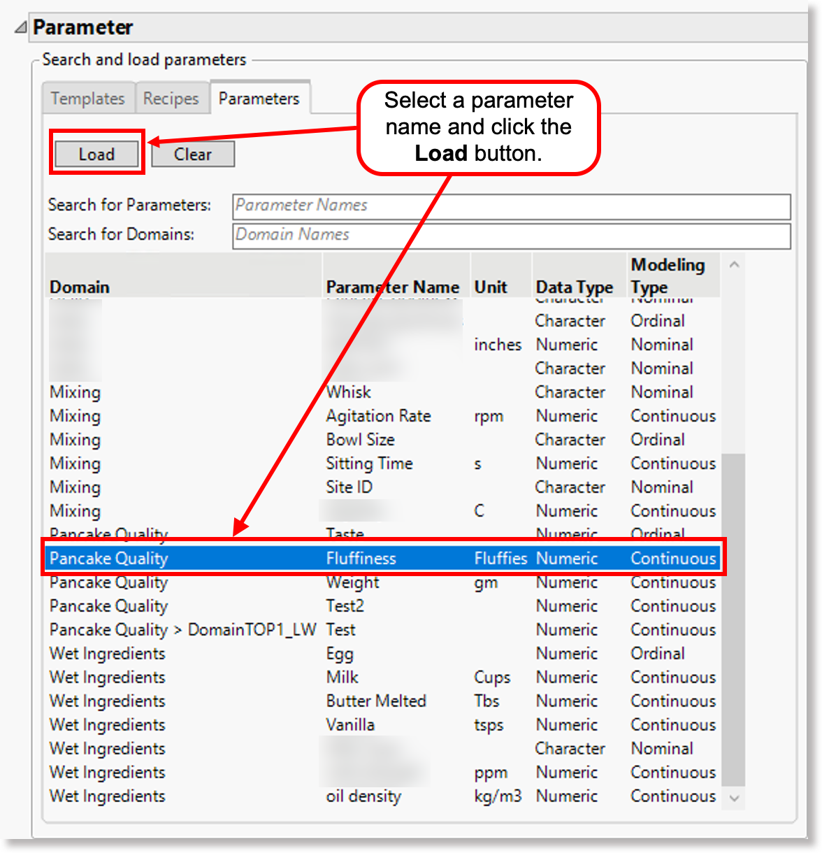 Selected parameter name and Load button