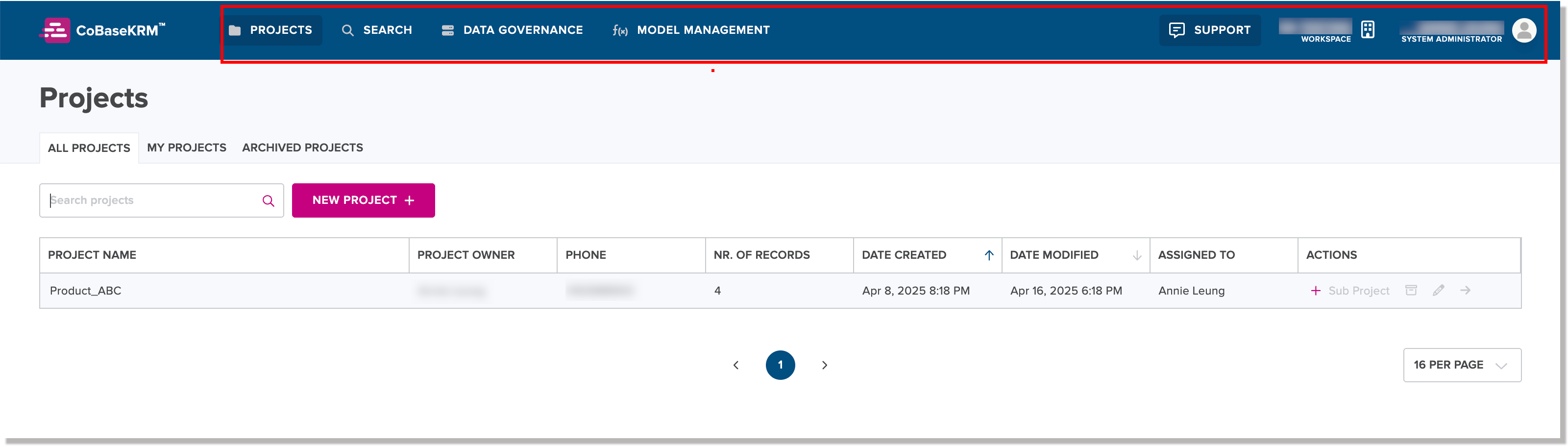 Main sections of workspace accessible from navigation bar