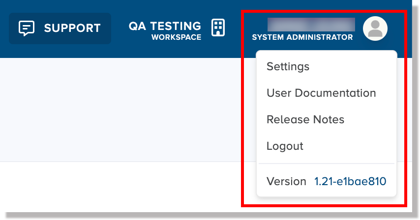 Settings and other links under user profile icon in navigation bar
