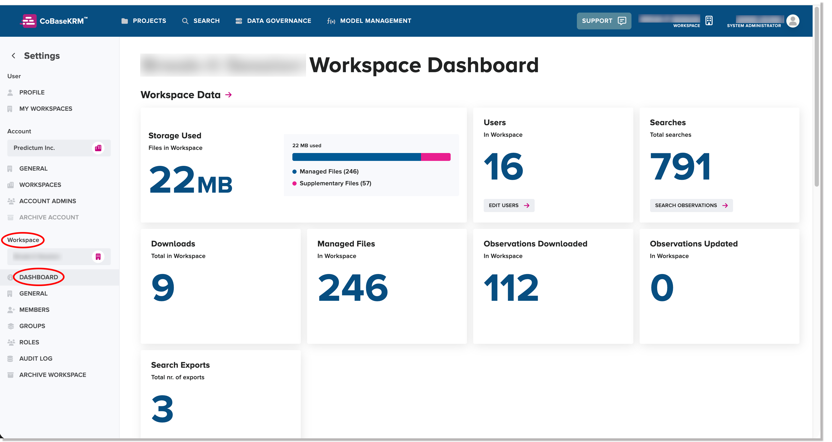 Workspace > Dashboard tab of the Settings view
