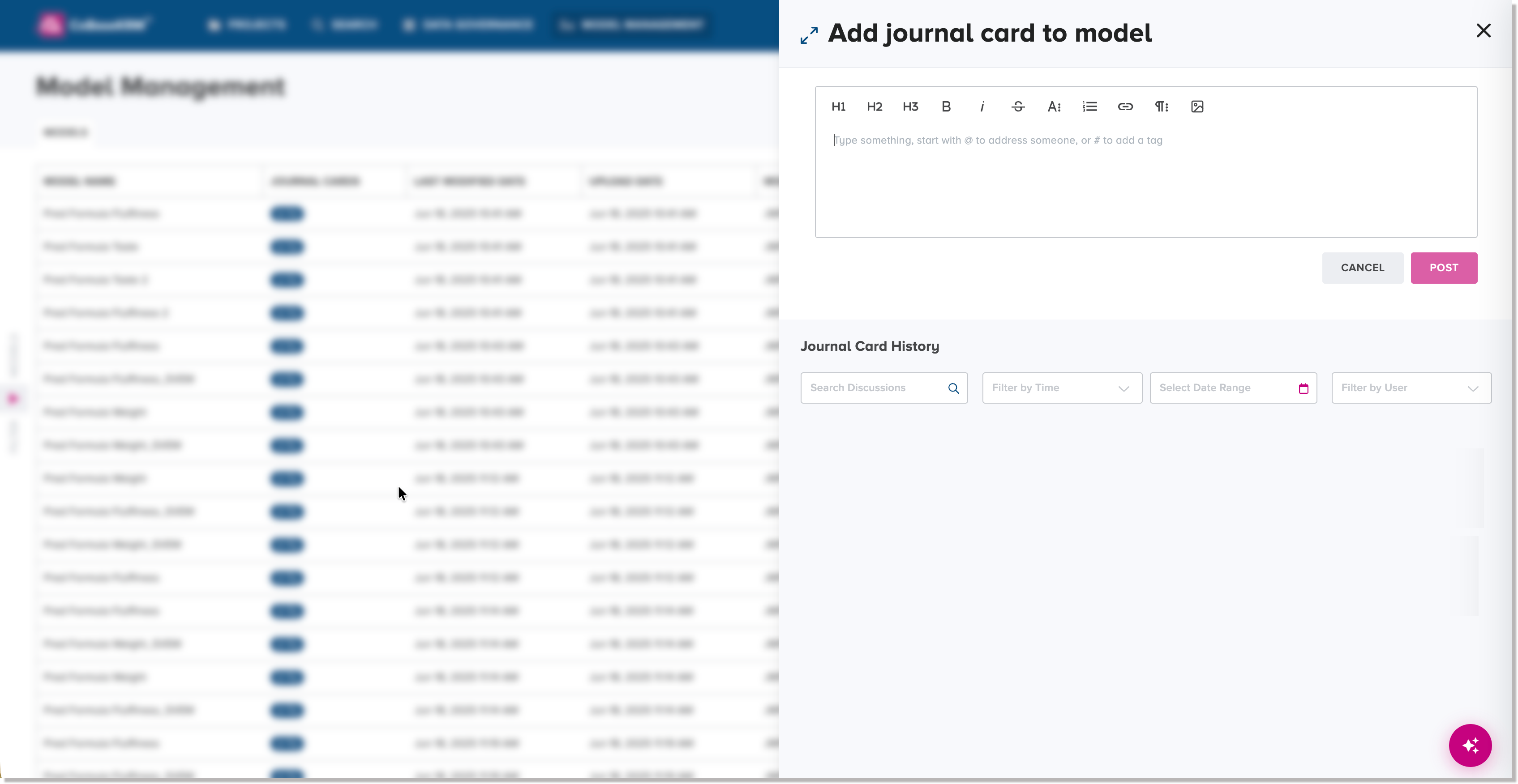 Add journal card to model dialog