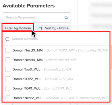 Filter by domain feature for the available parameters panel box