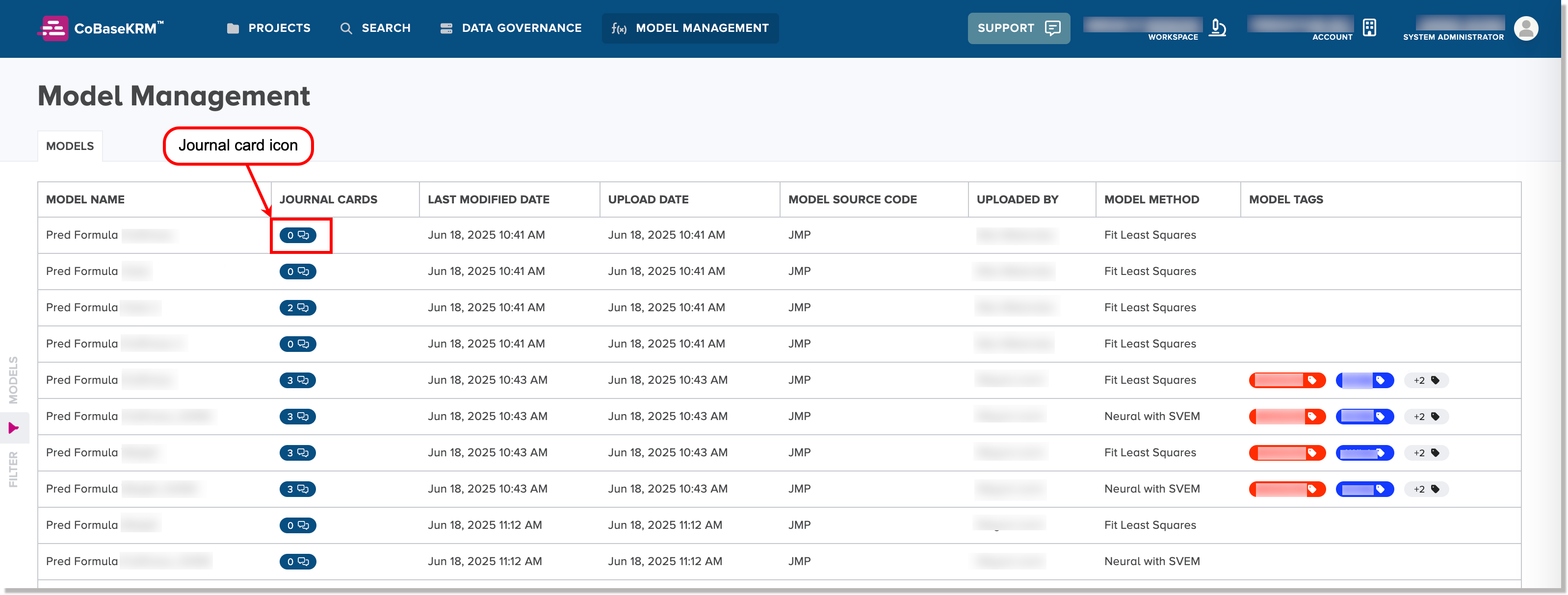 Journal card icon in the Model Management view