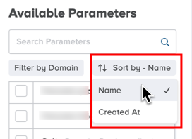 Sort by options for the available parameters panel box