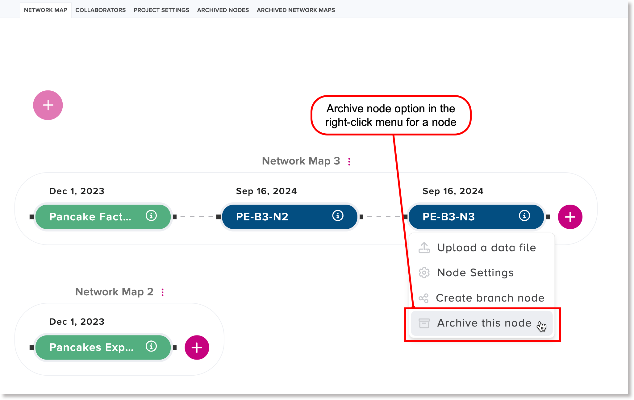 Archive node option in the right-click menu for a node