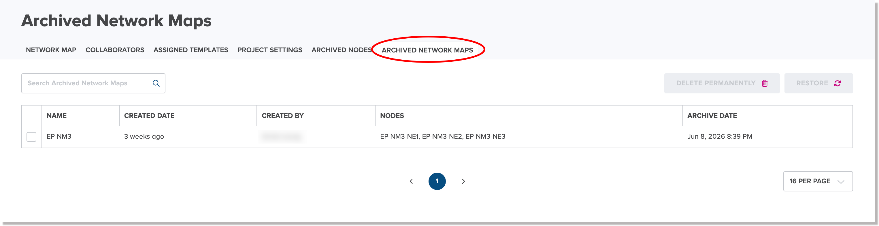 Archived Network Maps tab for a project