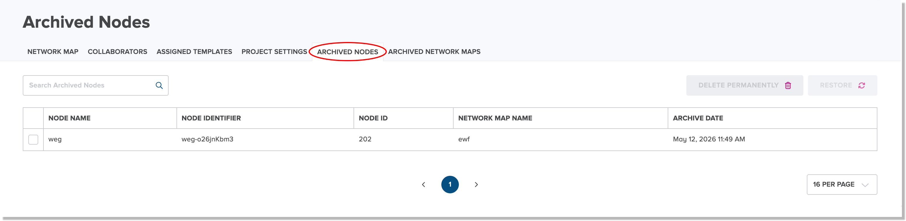 Archived node displayed on the Archived Nodes tab for a project