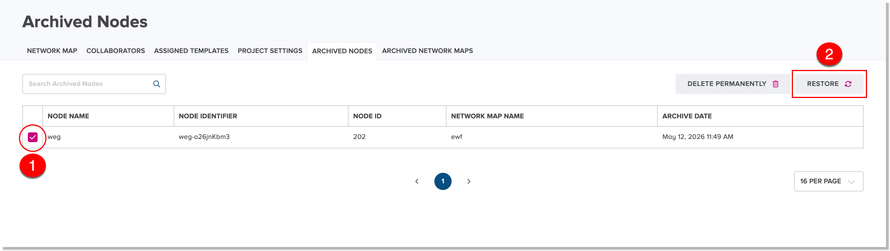 Archived Nodes tab for a project