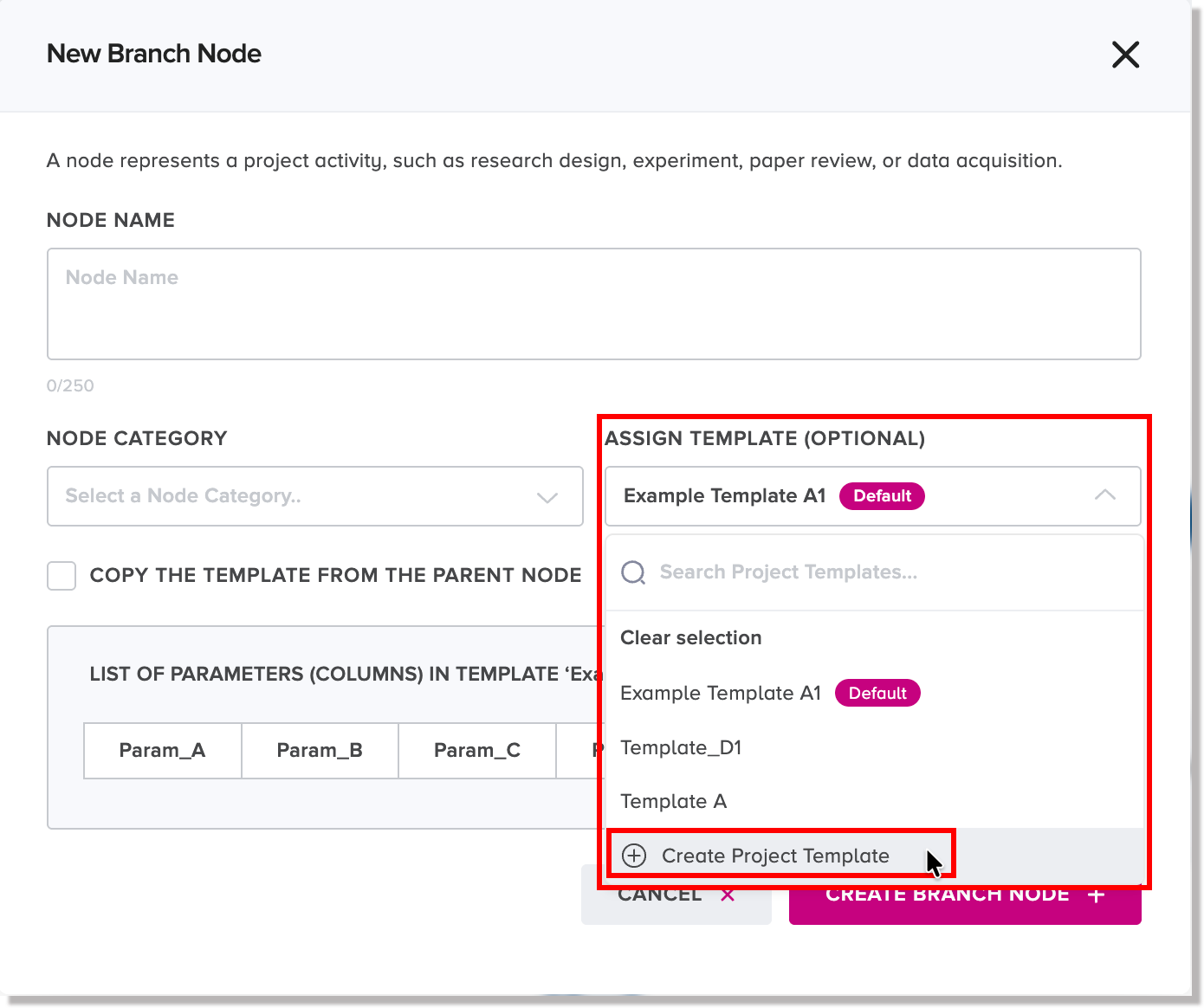 Create Project Template option in New Branch Node dialog