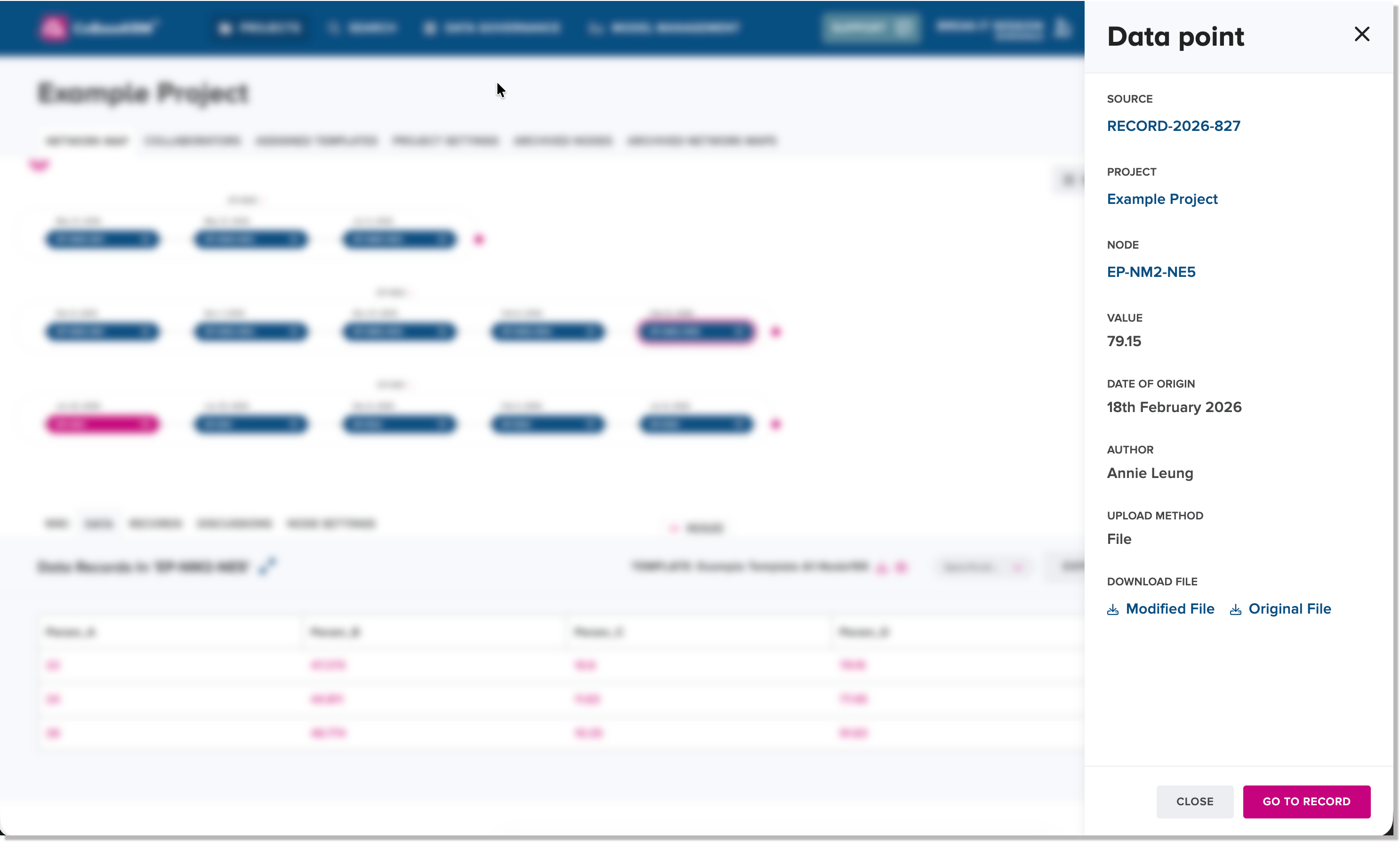 Right panel showing data point summary