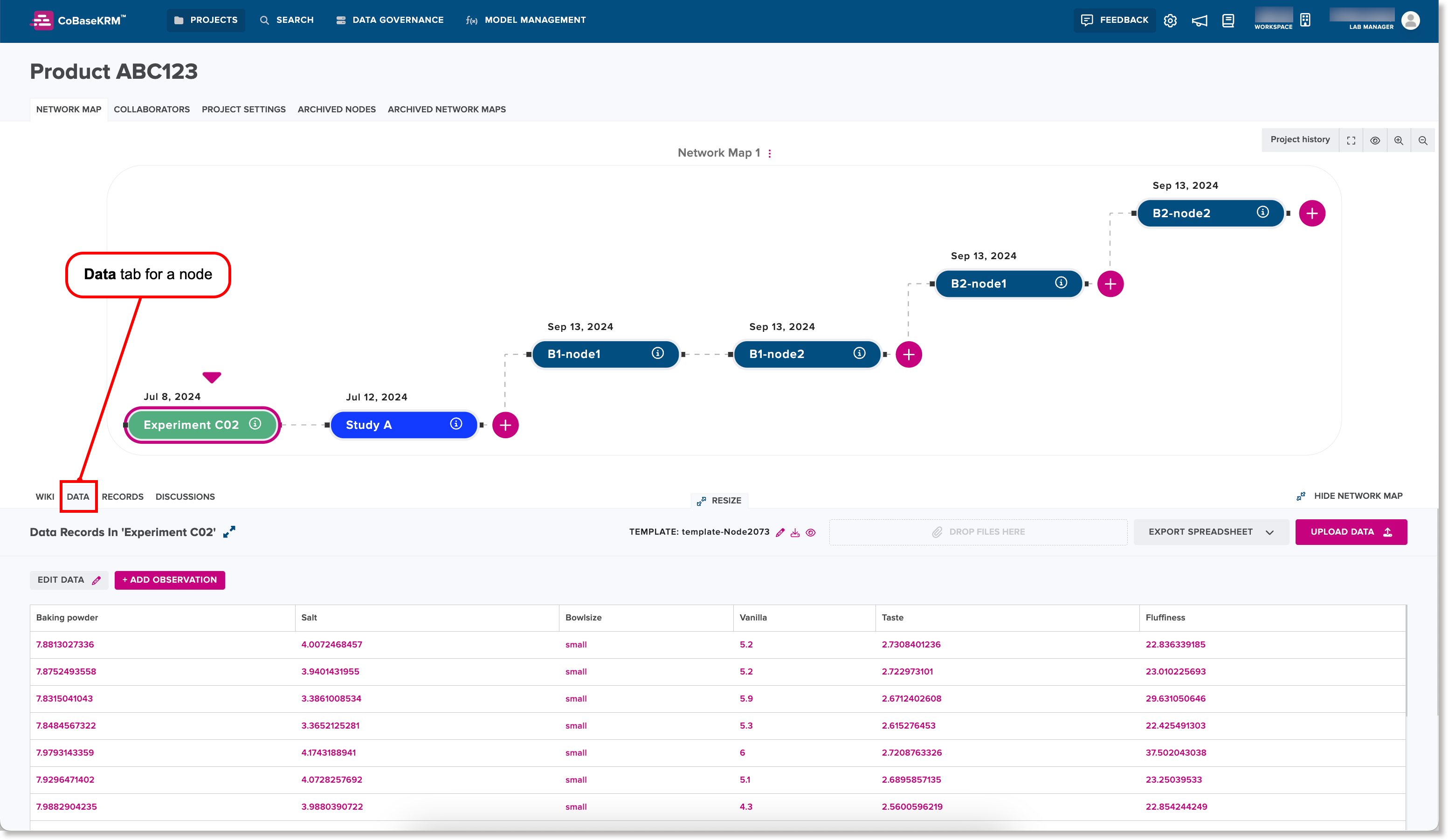 Data tab for a node