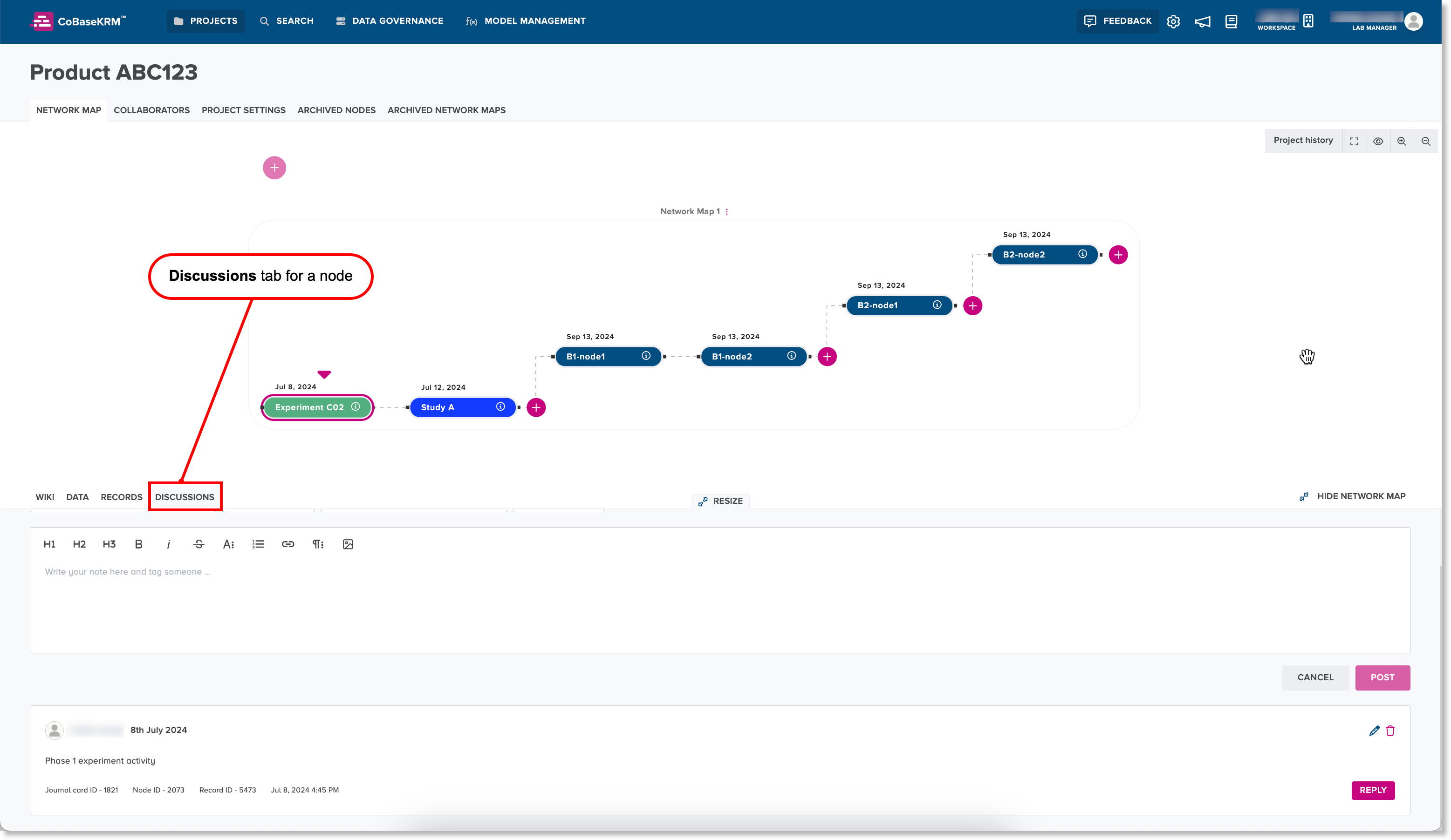 Discussions tab for a node