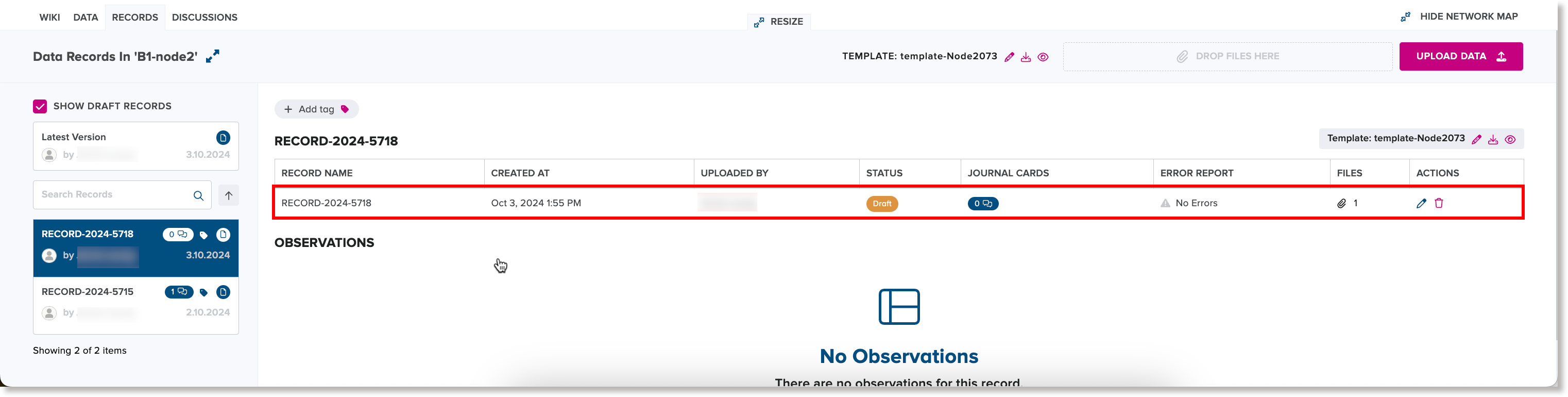 Draft record displayed in the right panel of the Records tab