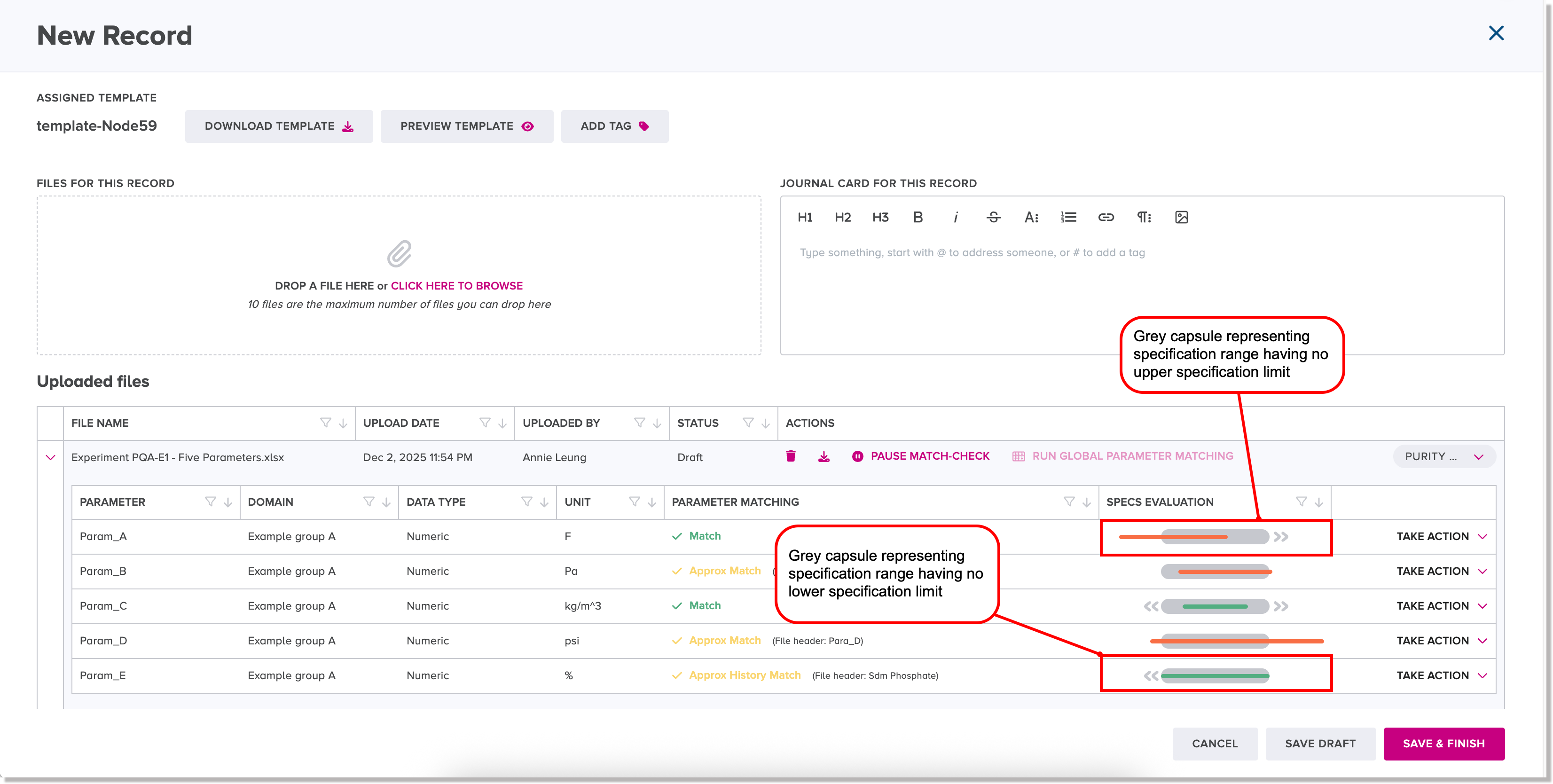 Grey capsules representing acceptable ranges of specifications for parameters