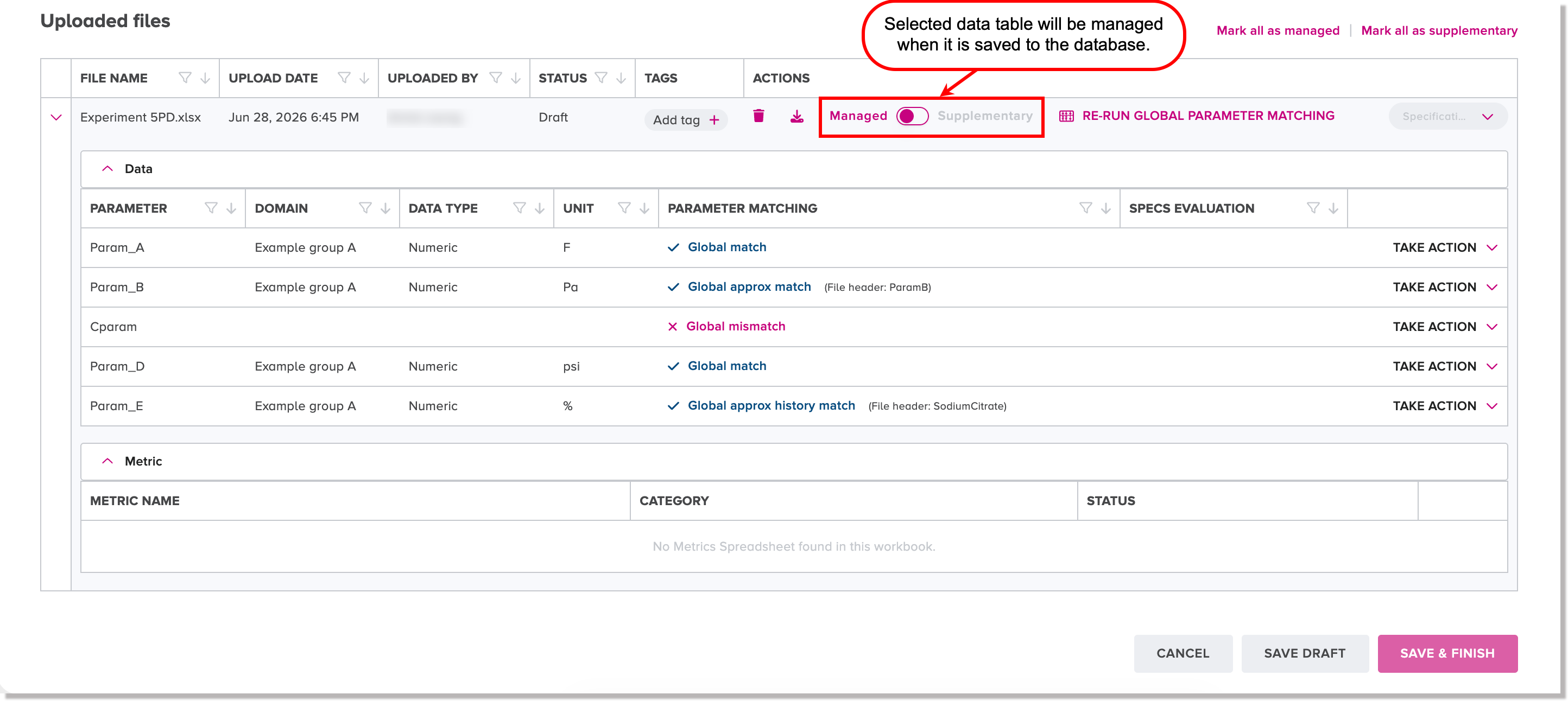 Managed toggle button for a selected file for upload