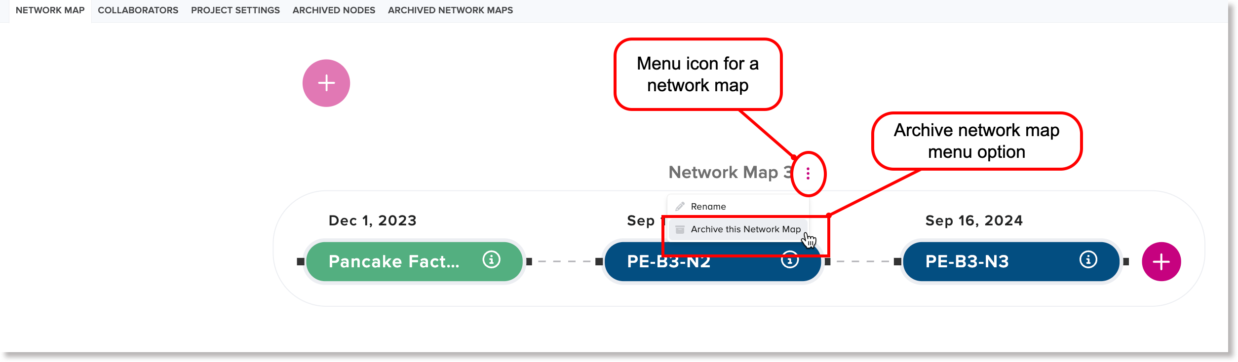 Menu icon and Archive network map menu option