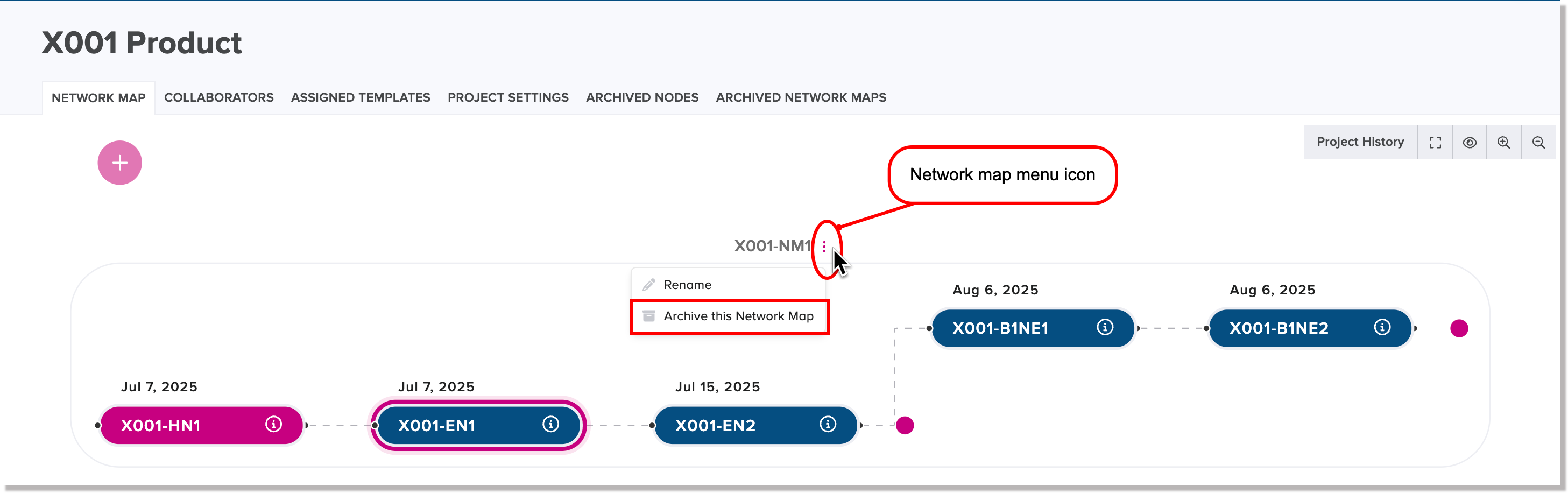 Network map menu icon and archive option