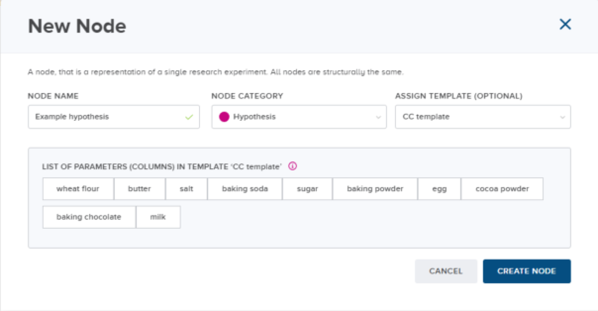 Parameters from the assigned template in the New node dialog