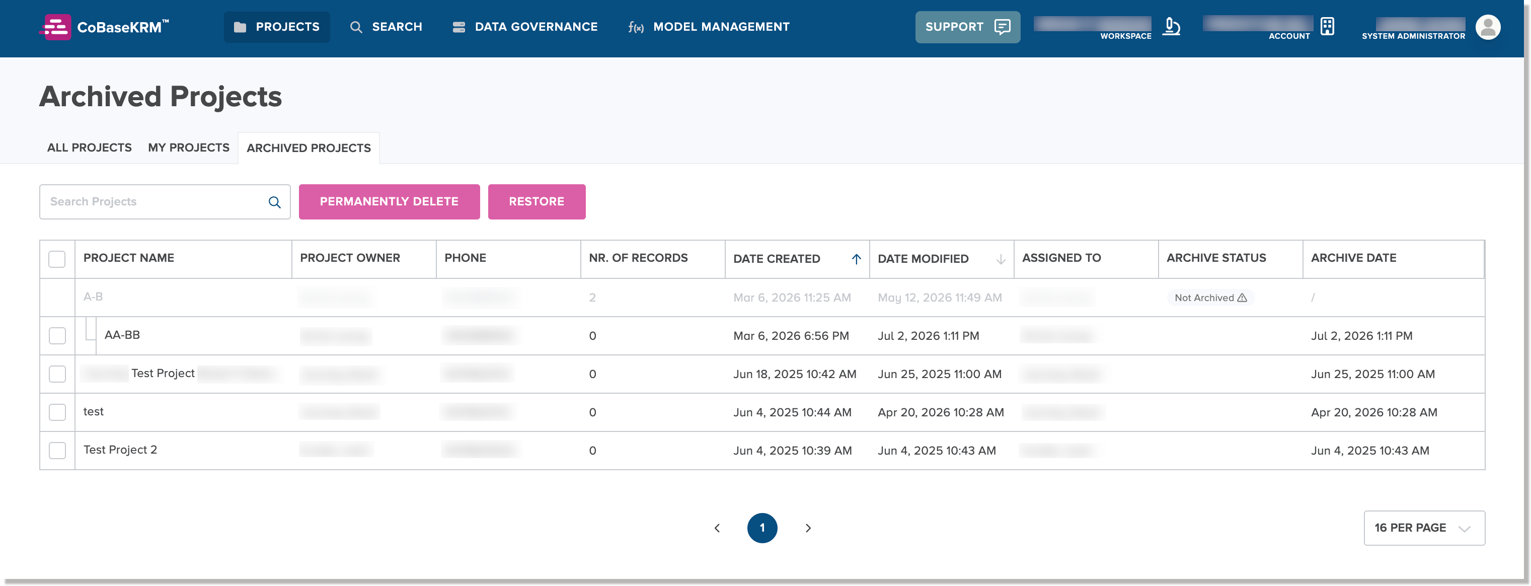 Projects view - Archived Projects tab