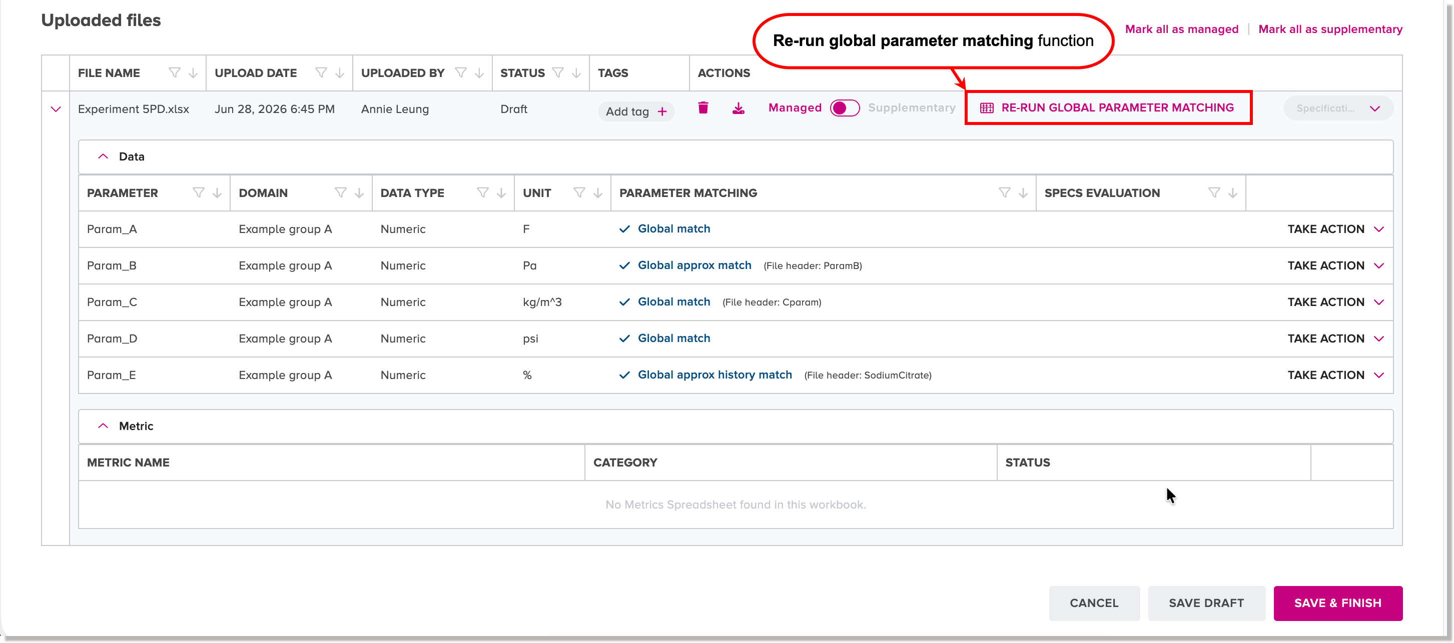 Re-run global parameter matching function