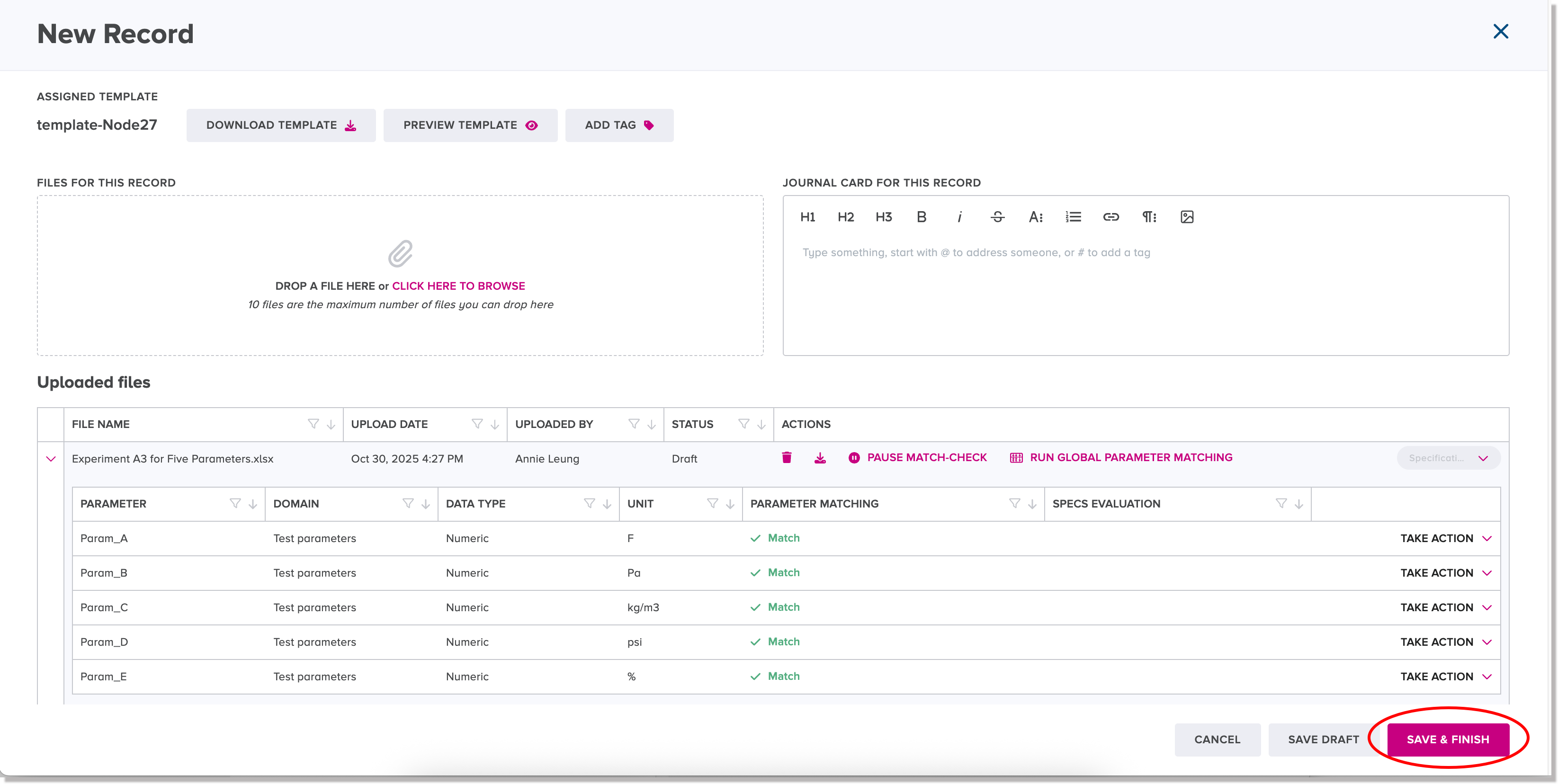Save and finish button in the Upload dialog