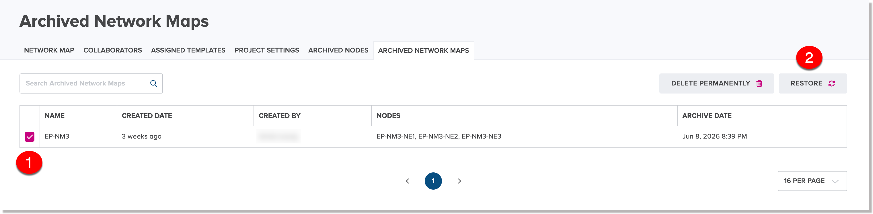 Selected archived network map and the Restore button on the Archived network maps tab