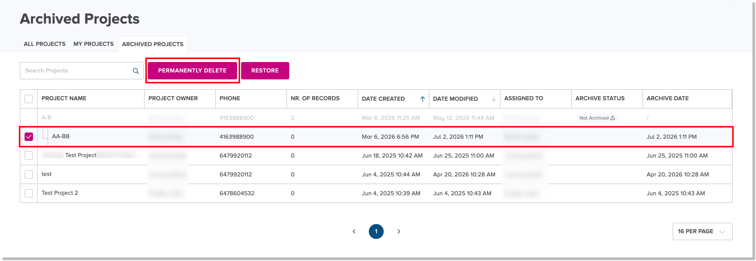 Selected archived project and Permanently Delete button