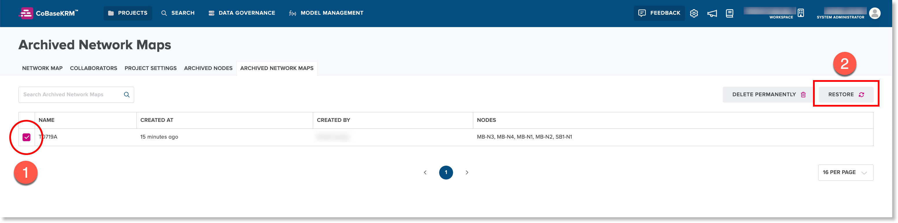 Selected checkbox for an archived network map and the Restore button on the Archived network maps tab