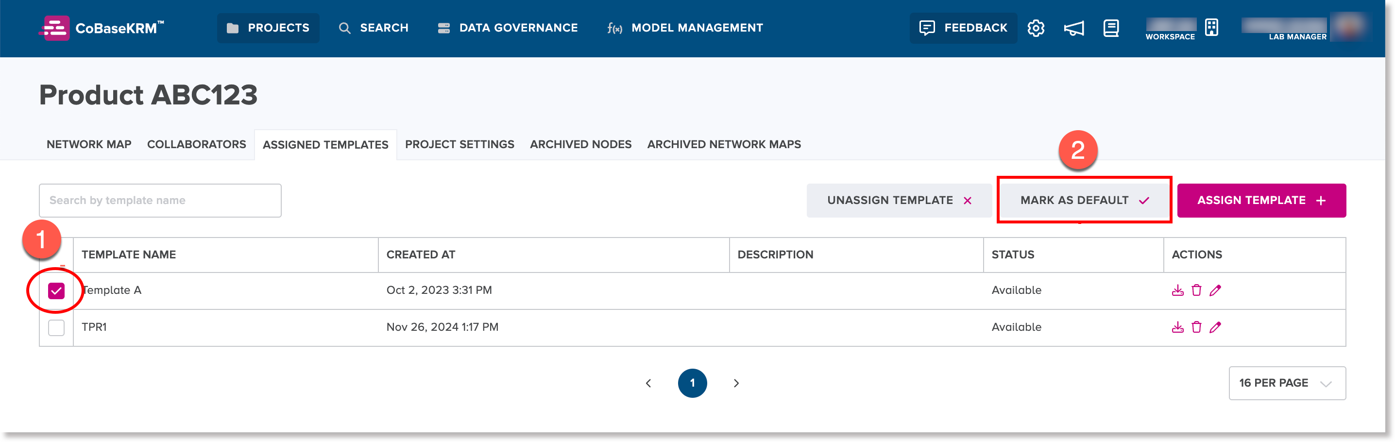Selected checkbox for a template and the Mark as Default button