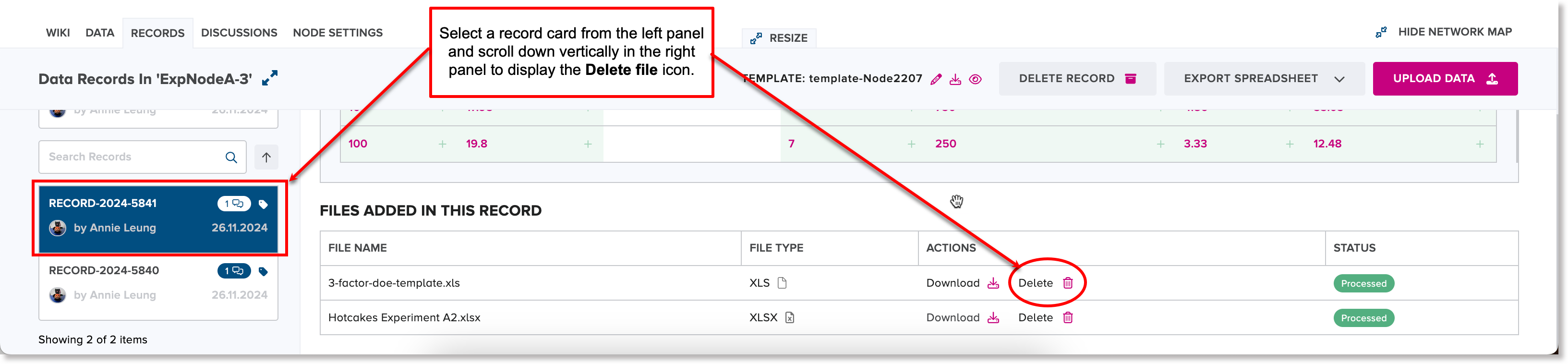 Selected record card in left panel to display Delete file icon near bottom of right panel