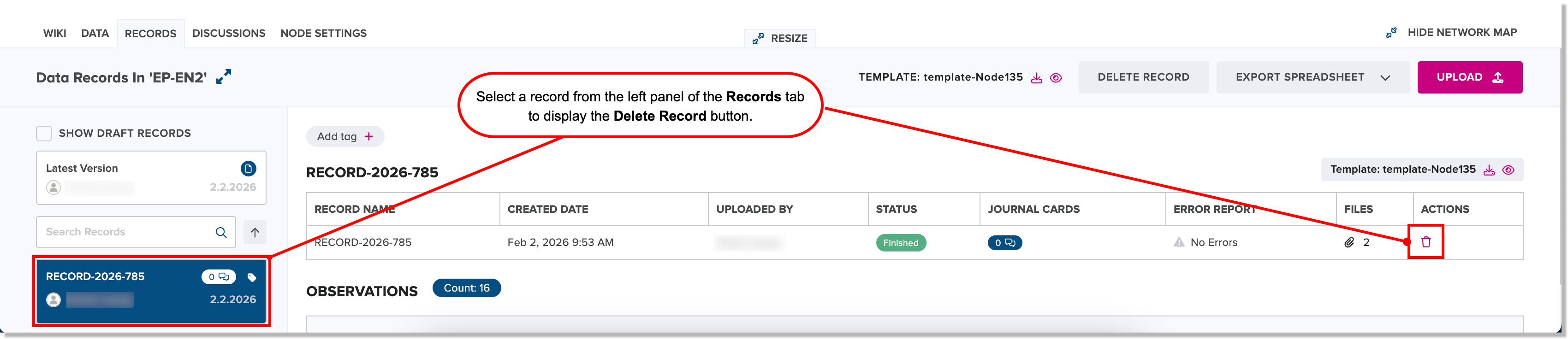 Selected record card in left panel to display the Delete record icon