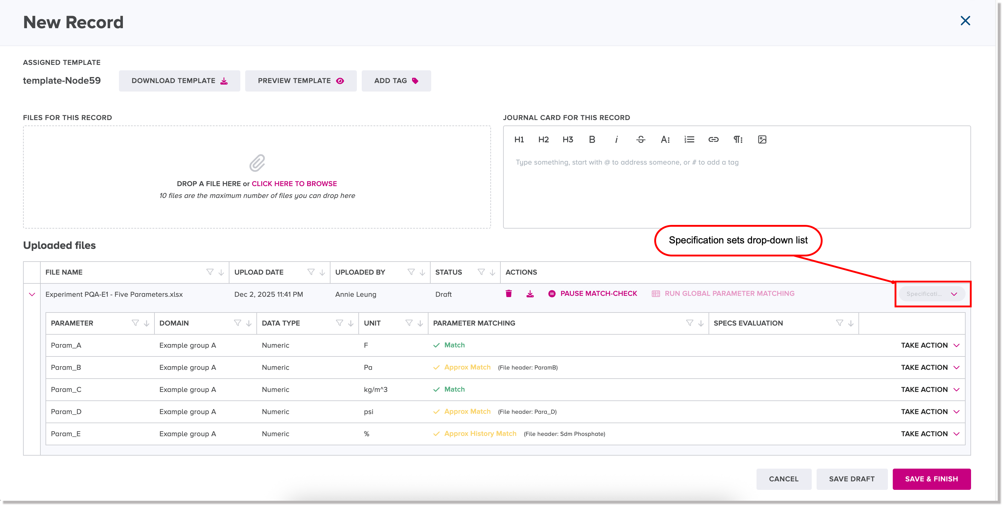 Specification sets drop-down list in the Upload dialog