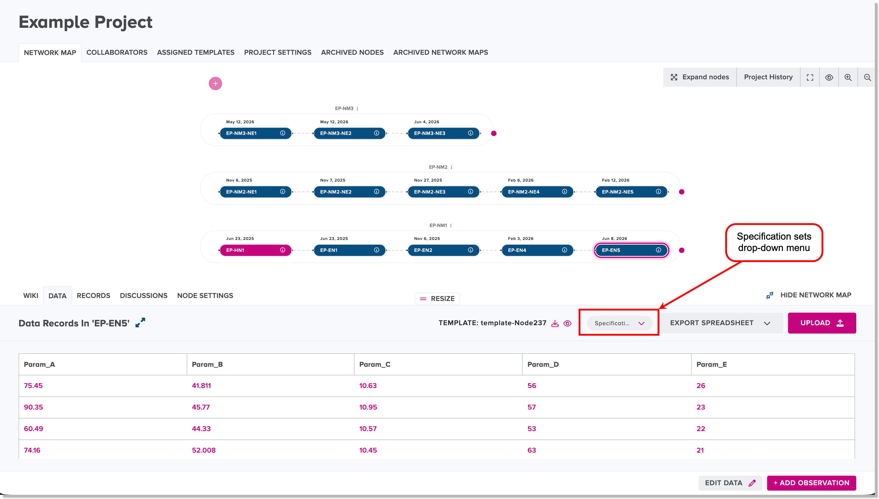 Specification sets drop-down menu