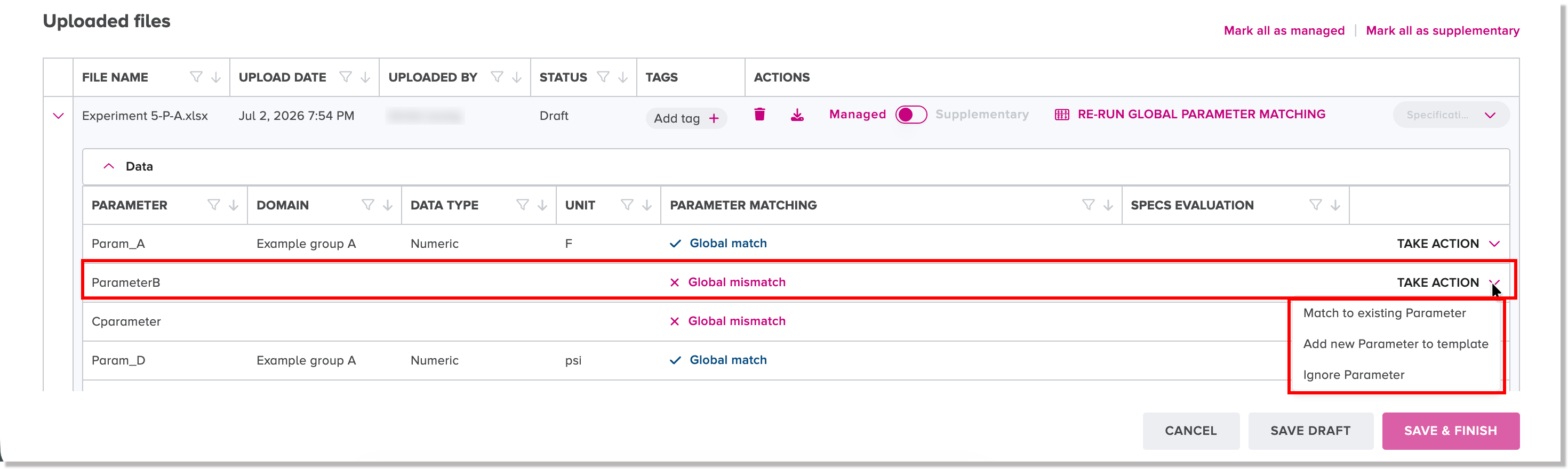 Take action menu options for an unmatched parameter name