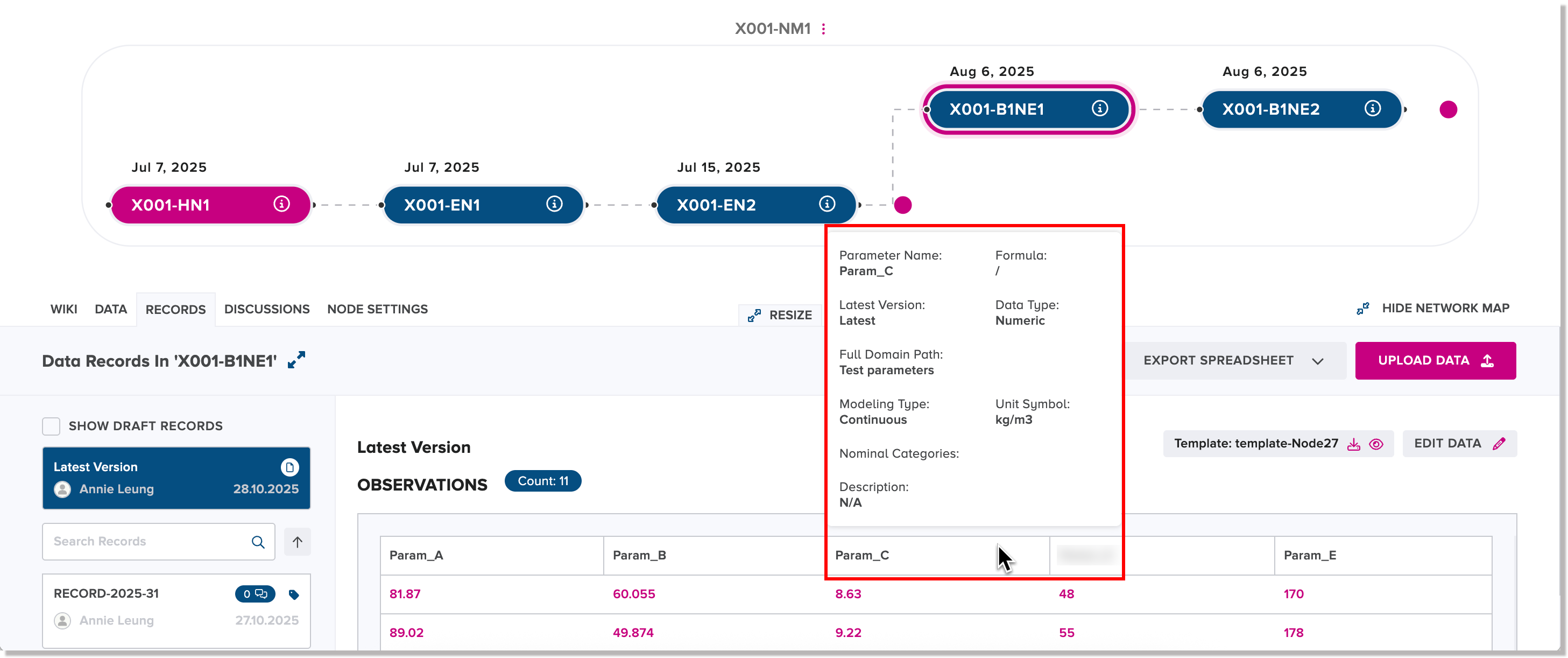Tooltip appearing when cursor hovers over a column heading on the Records tab