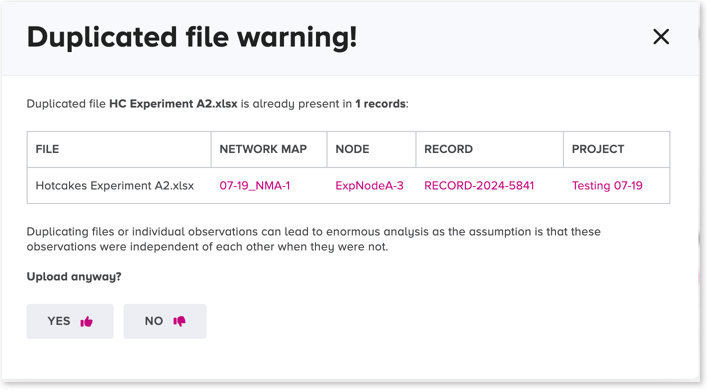 Warning message of duplicate file selected