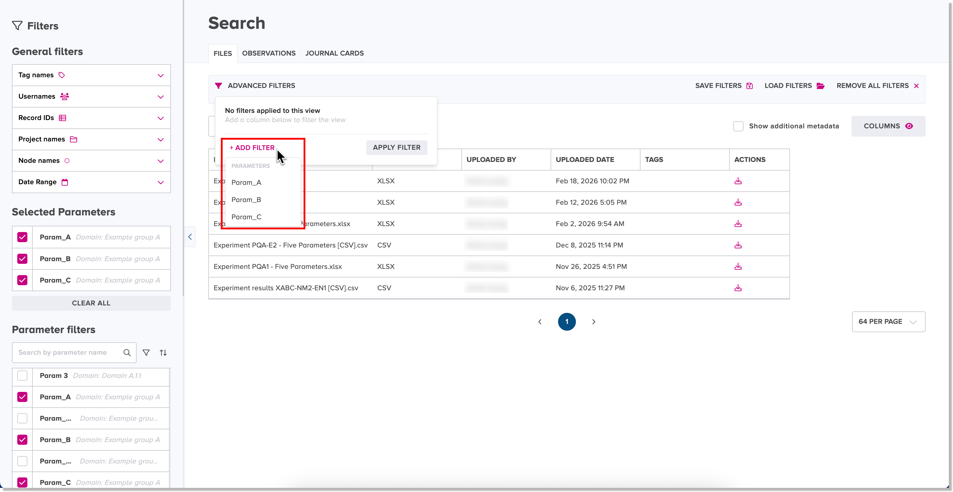 Add Filter function displays the selected parameters list