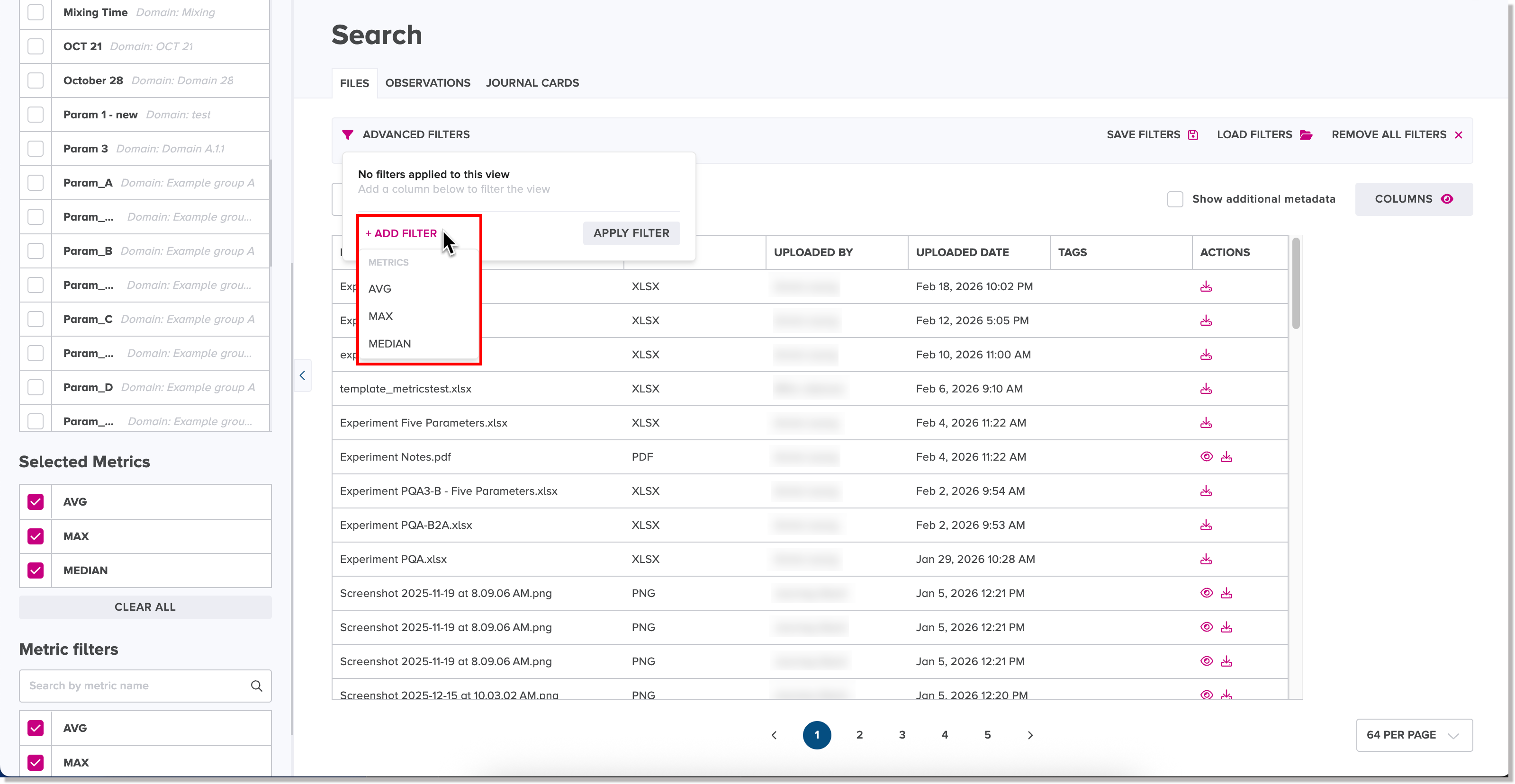 Add Filter function and selected metrics list
