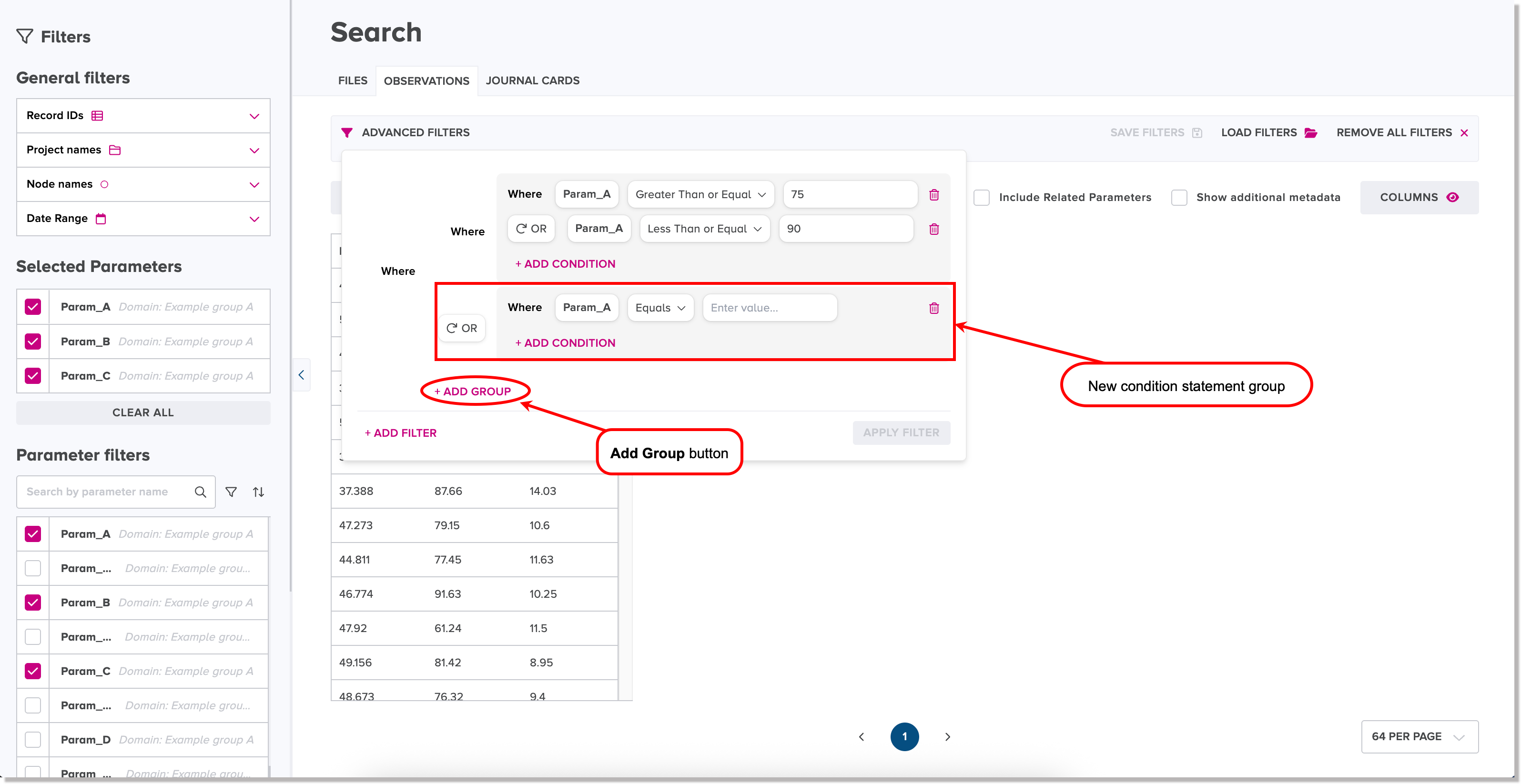 Add Group button and new condition statements group