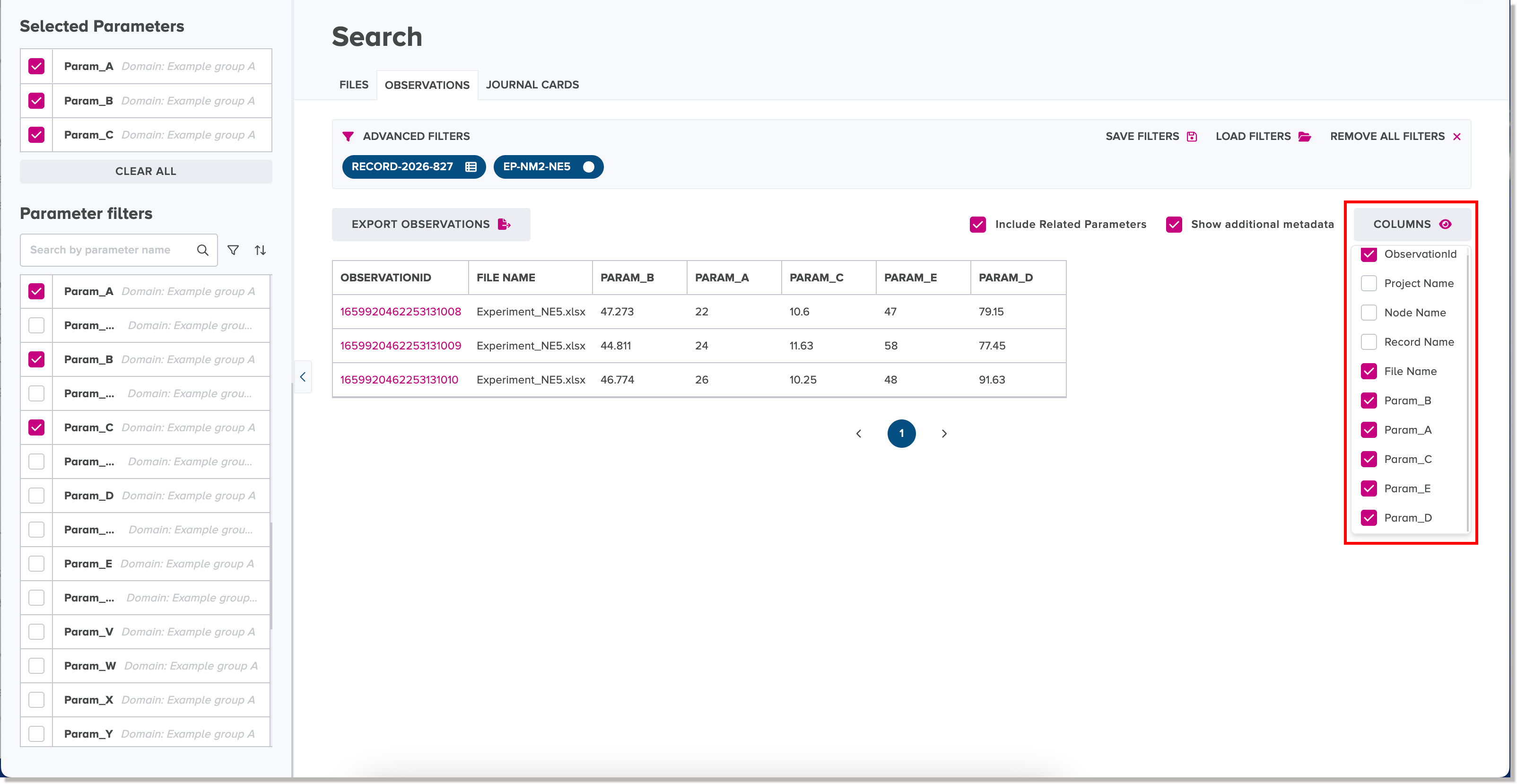 Columns display list includes extra columns when results checkboxes are turned on