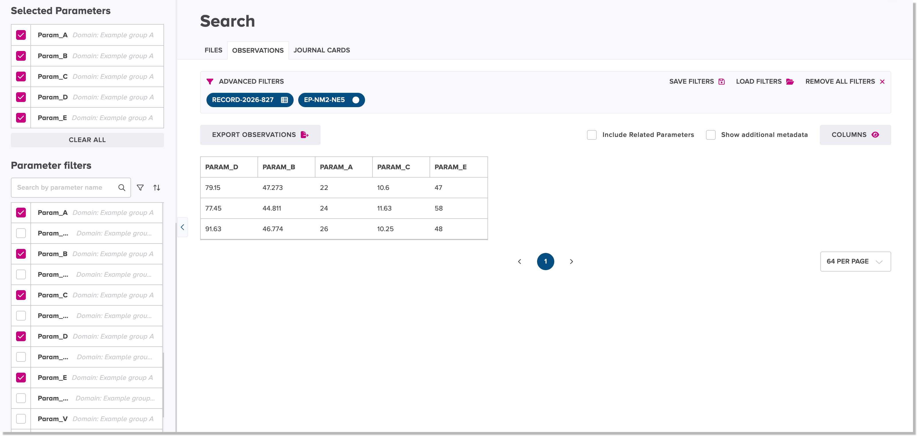 Examples search filters on the Observations tab of the Search view