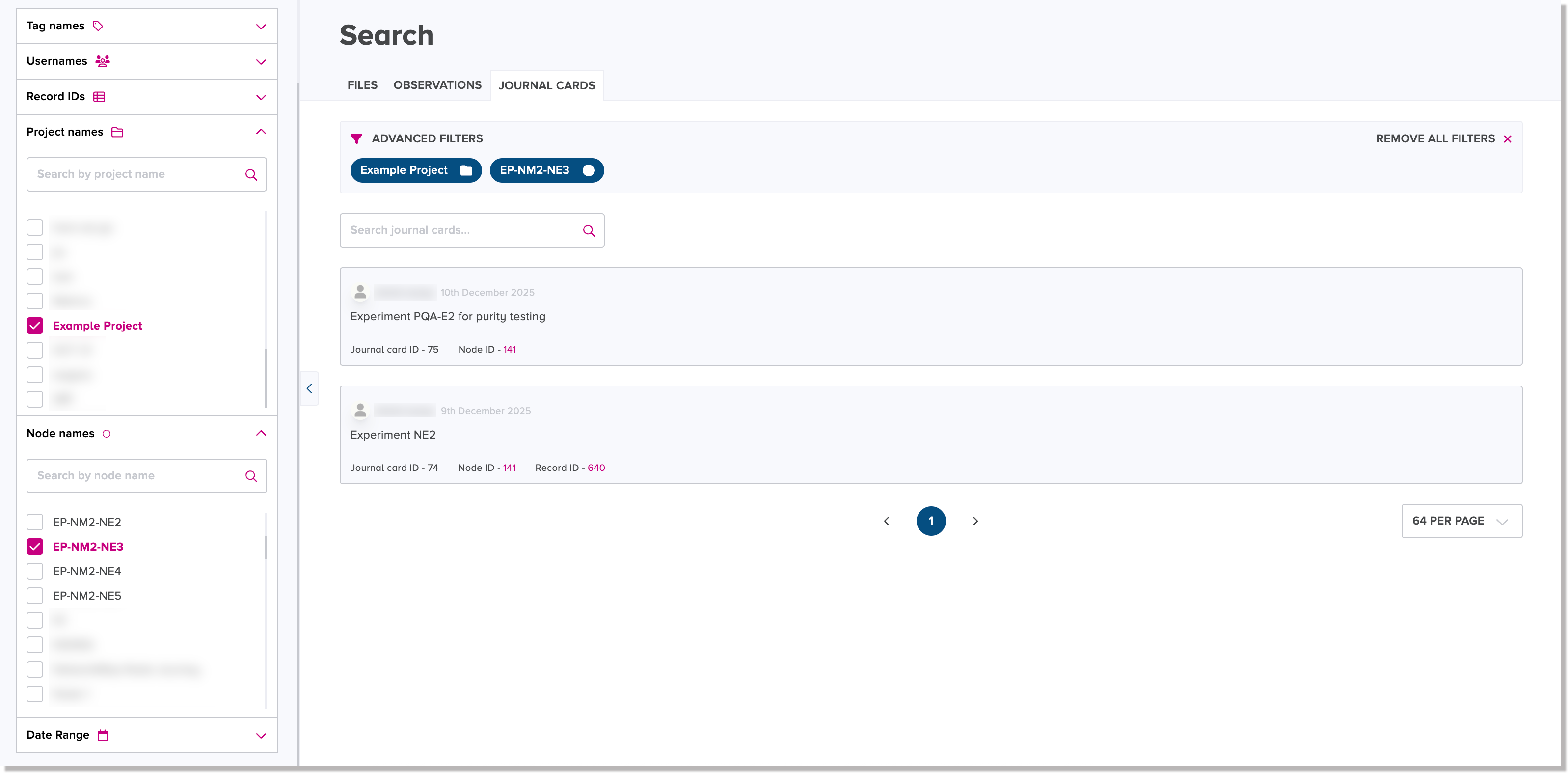 Example search filters for journal cards search results