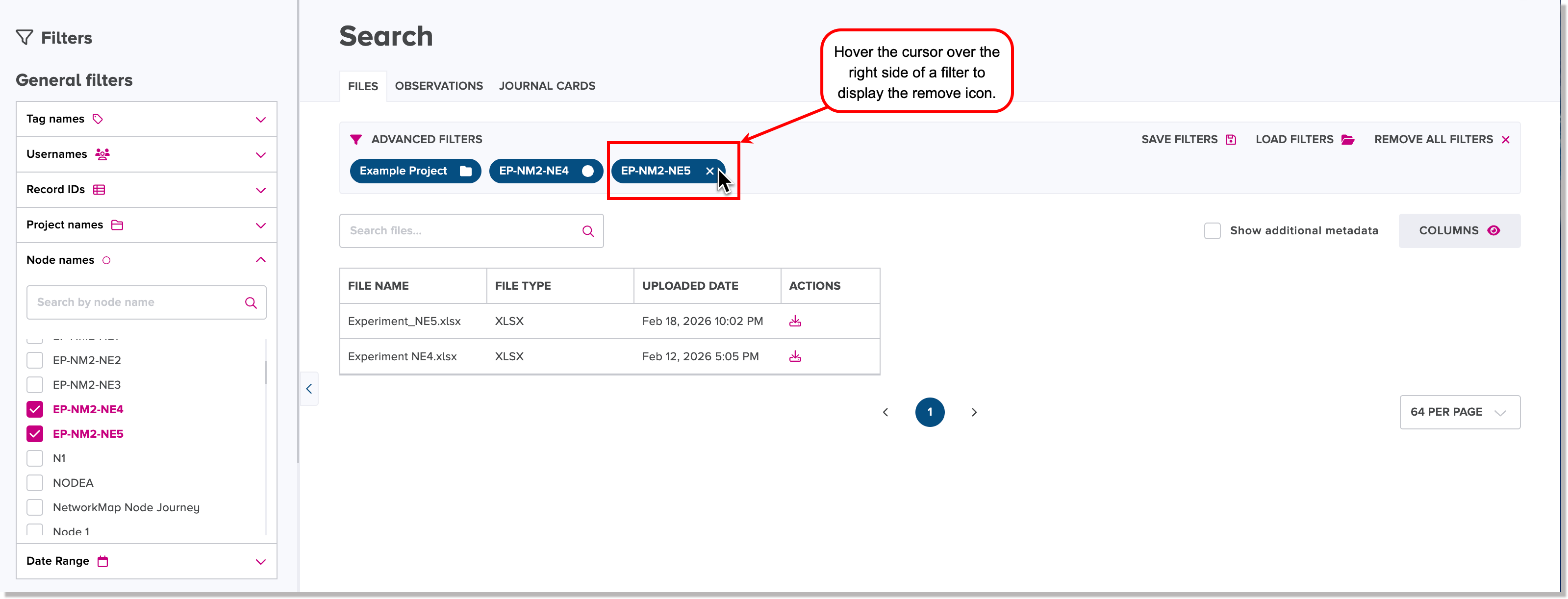 Hover to display the remove icon for removing a selected search filter